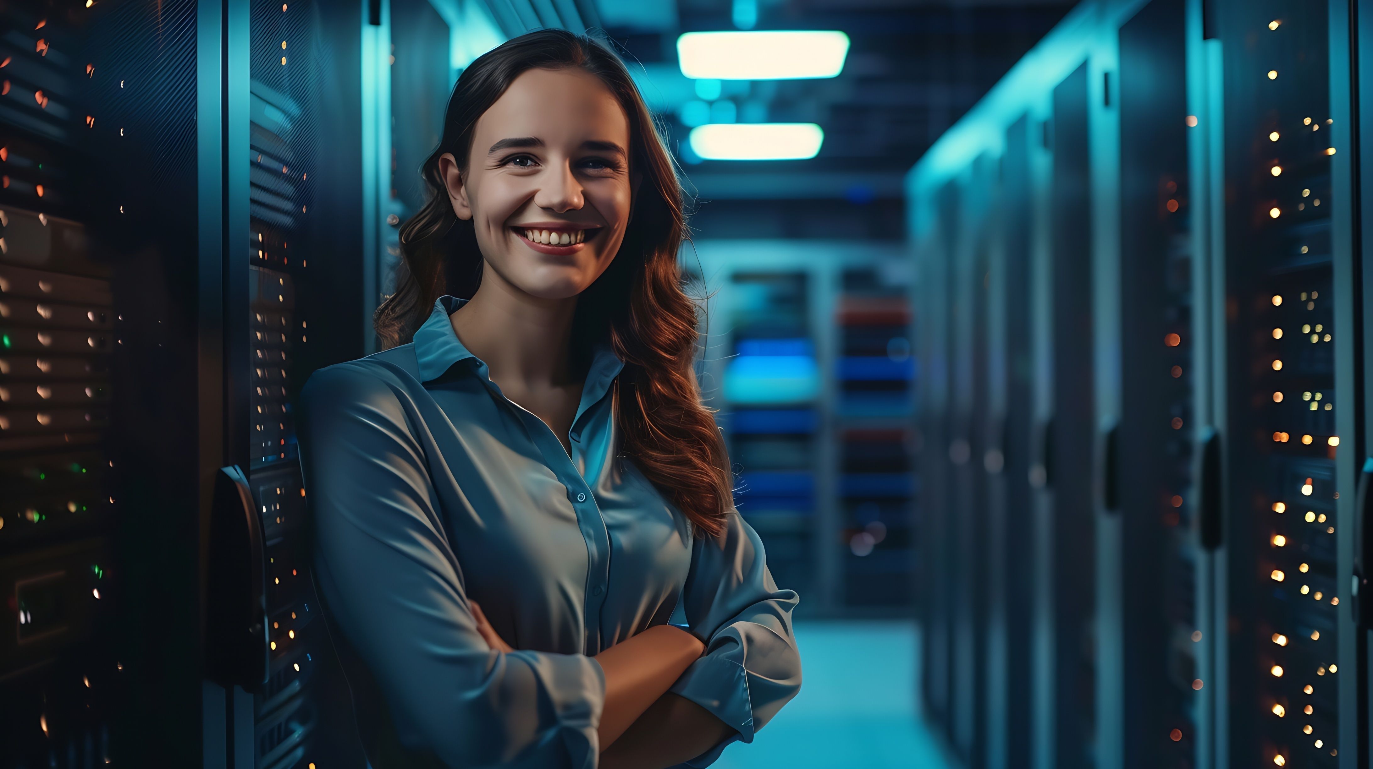 Server room portrait or happy woman technician for online cybersecurity update or machine system IT support data center smile or proud engineer fixing network for information technolog : Generative AI