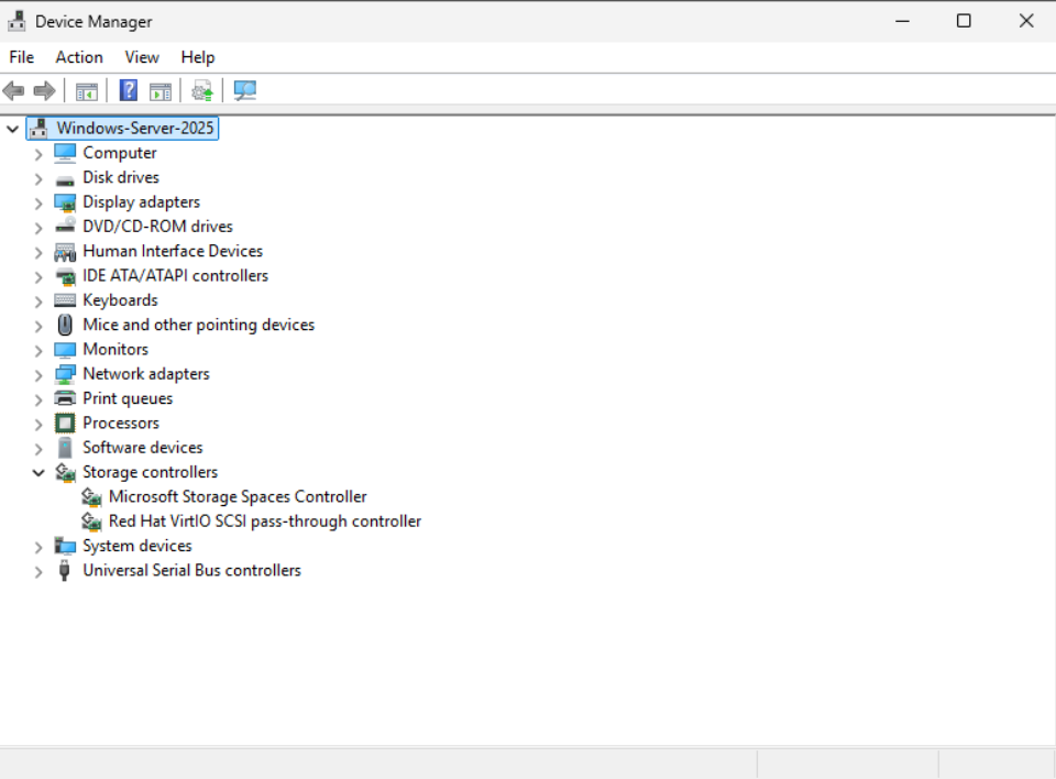 Success: The Red Hat VirtIO SCSI pass-through controller is active and handling the boot disk.