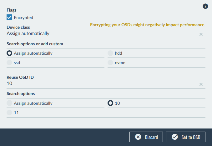 Management Interface - New OSD Creation Dialog